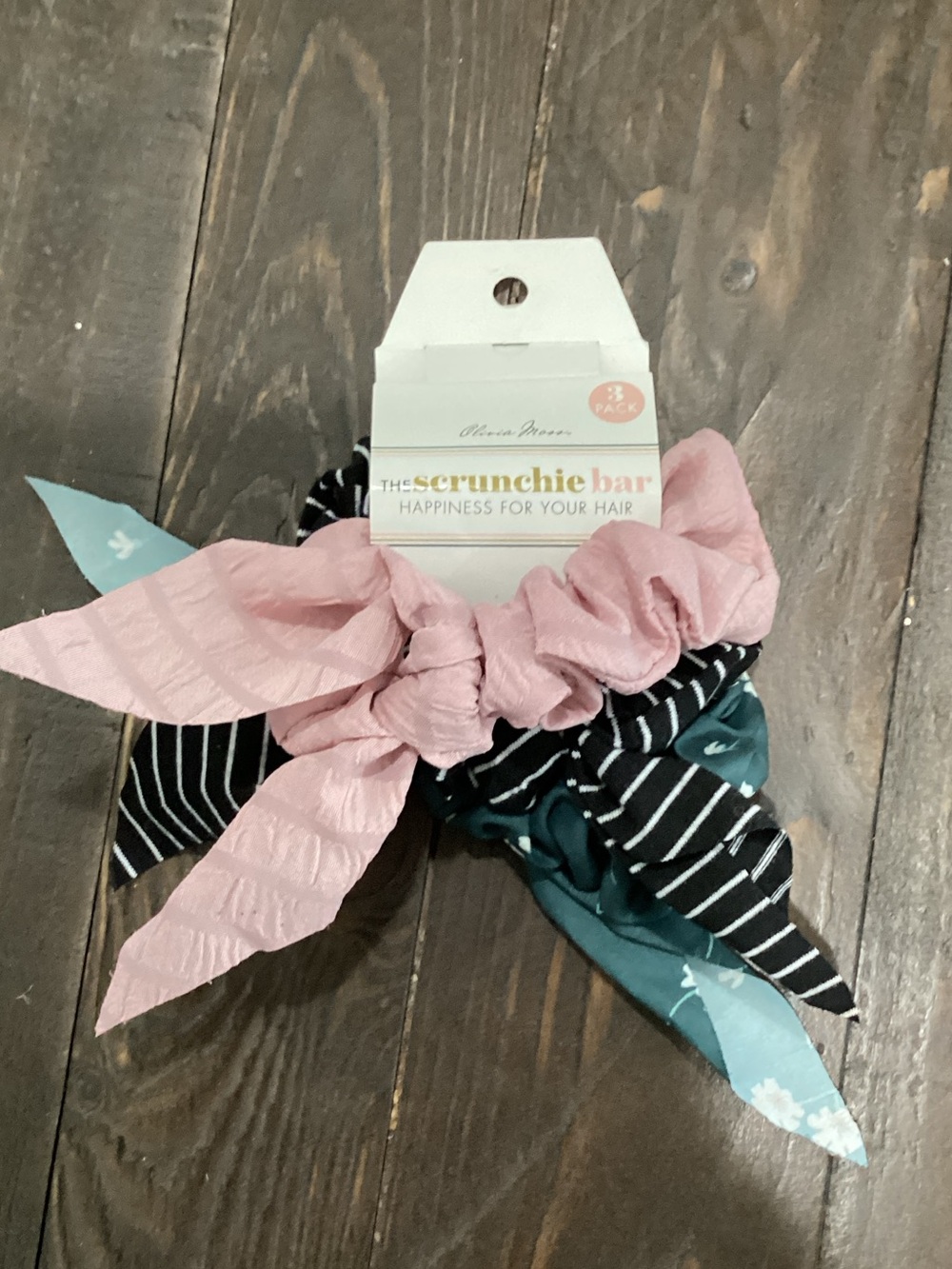 Olivia Moon  3-Pack Hair Scrunchies‎ in Pink, Black & Teal